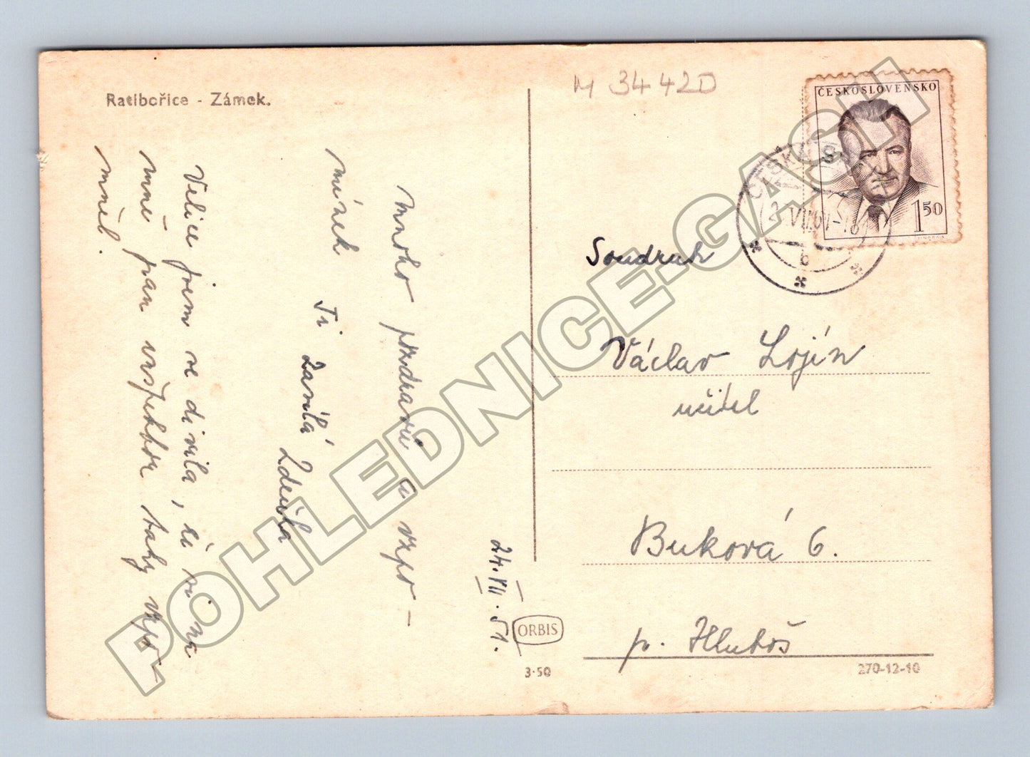 Pohlednice Ratibořice Zámek 1950 (M34420)