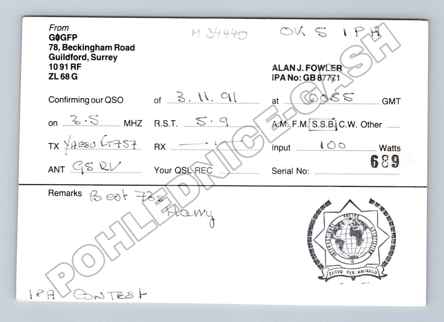 Pohlednice Velká Británie radioamatérská QSL karta 1991 (M34440)