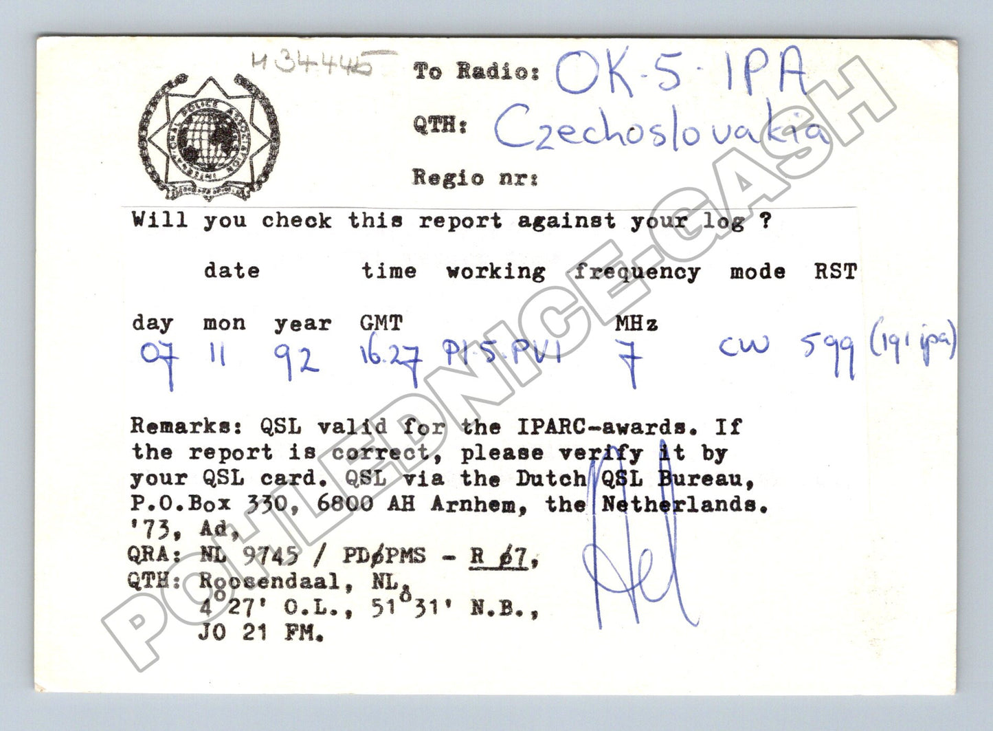 Pohlednice Holandsko větrné mlýny QSL karta 1992 (M34445)