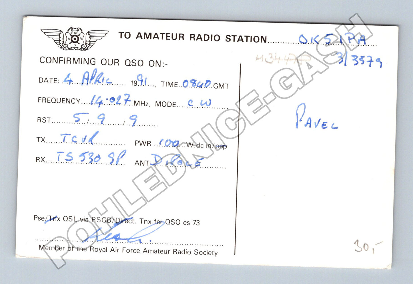 Pohlednice Velká Británie QSL karta Spitfire RAF 1991 (M34478)