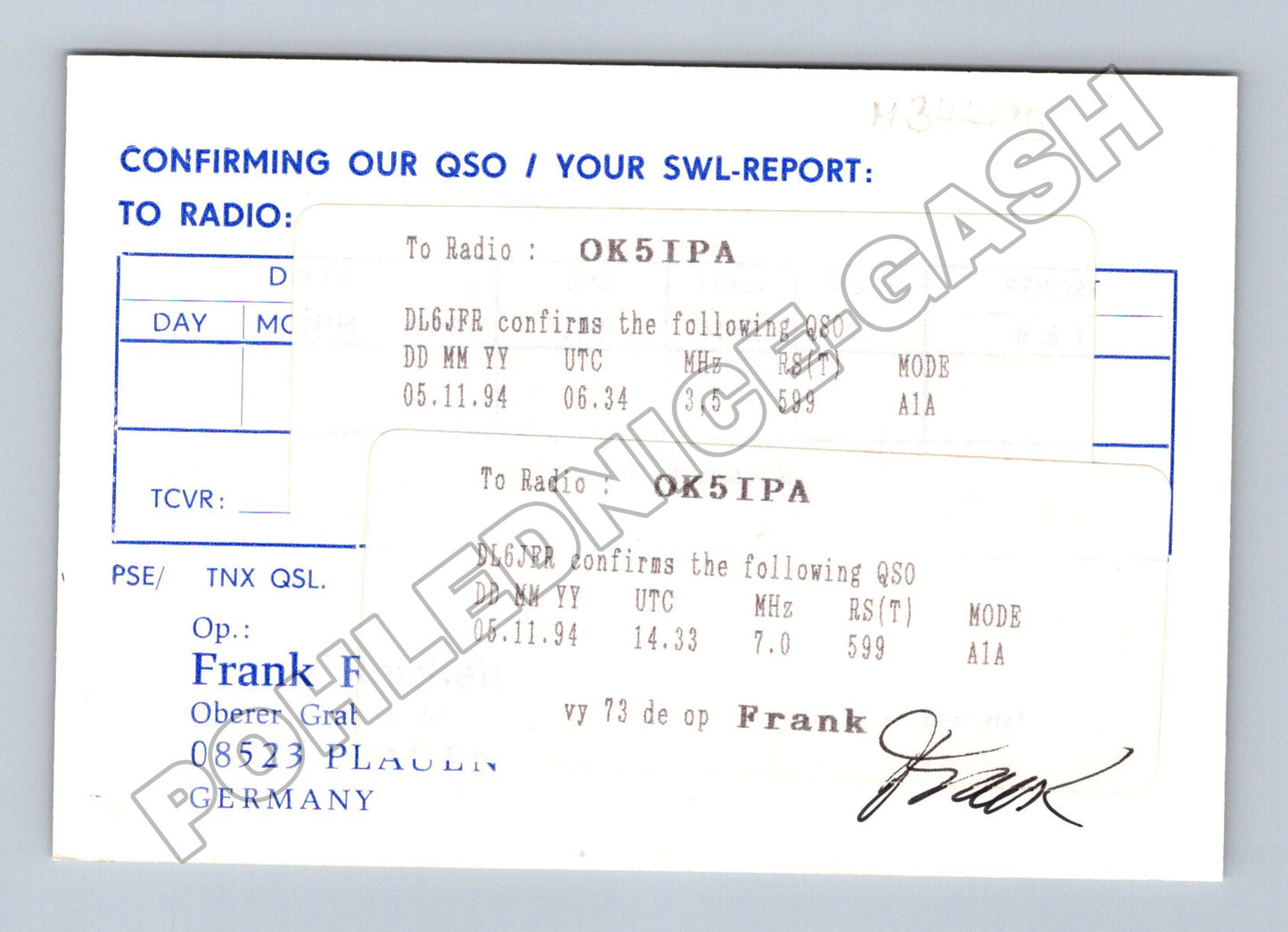 Pohlednice Německo Plauen QSL karta DL6JFR 1994 (M34495)