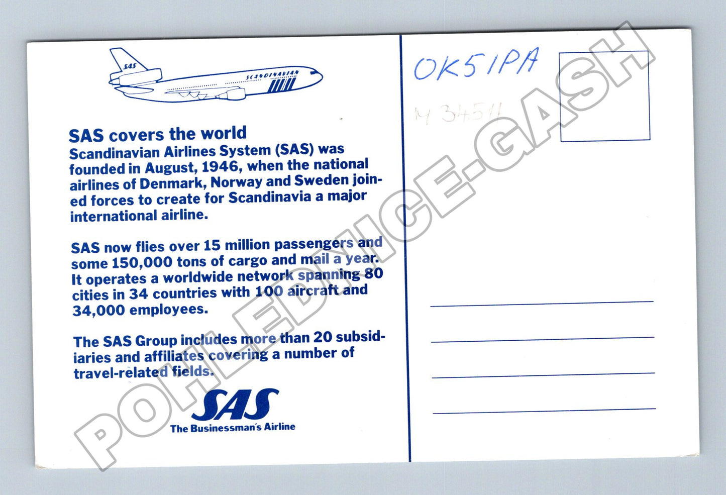 Pohlednice Švédsko QSL karta SAS 1991 (M34511)