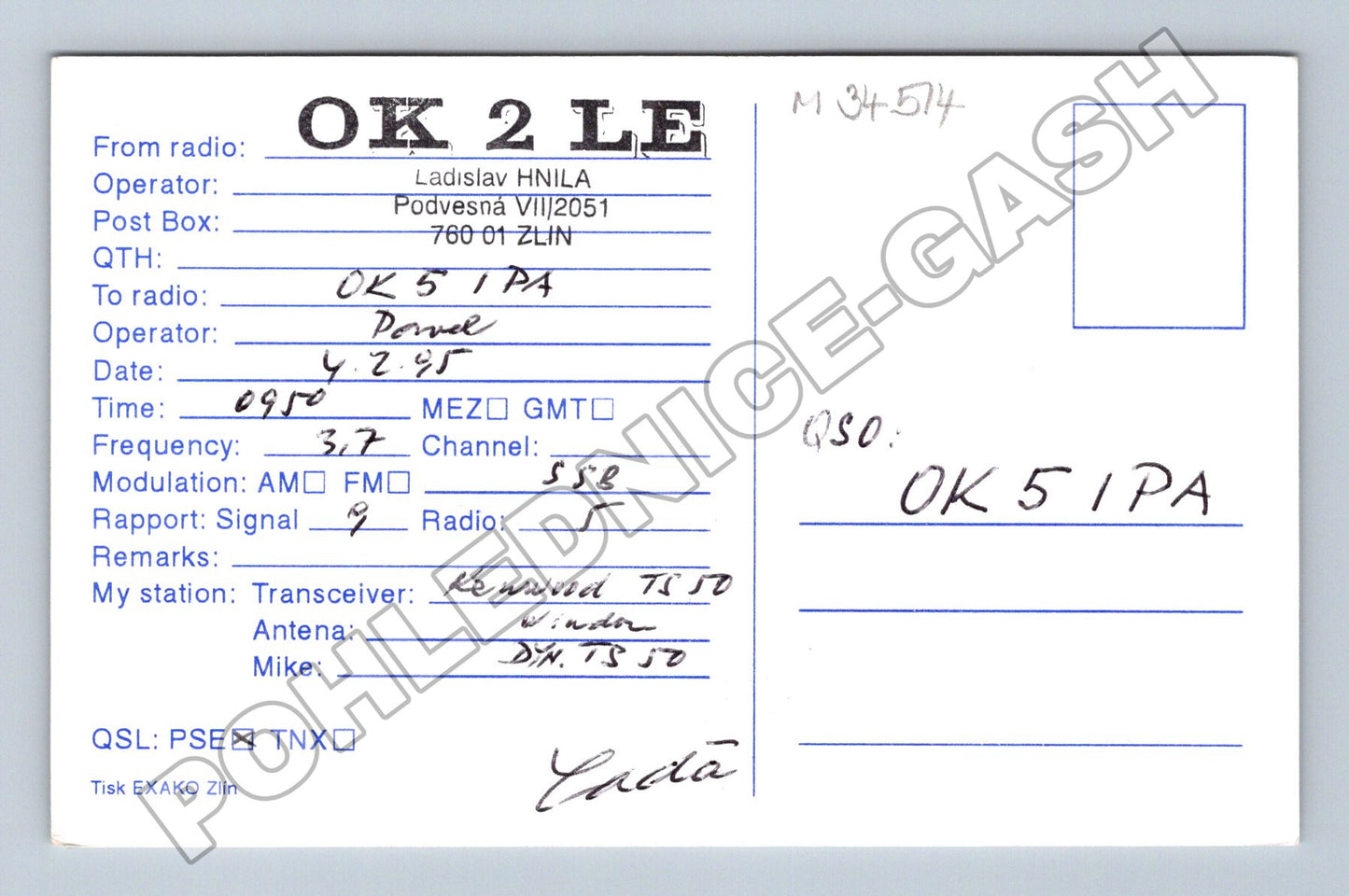 Pohlednice Zlín CB Radio klub QSL karta 1995 (M34514)