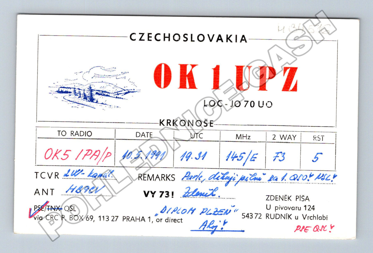 Pohlednice QSL karta Krkonoše 1991 (M34516)
