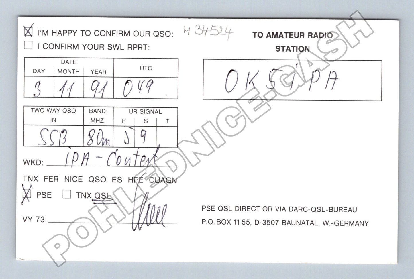 Pohlednice Německo QSL karta DK1LU Grossenwiehe 1991 (M34524)