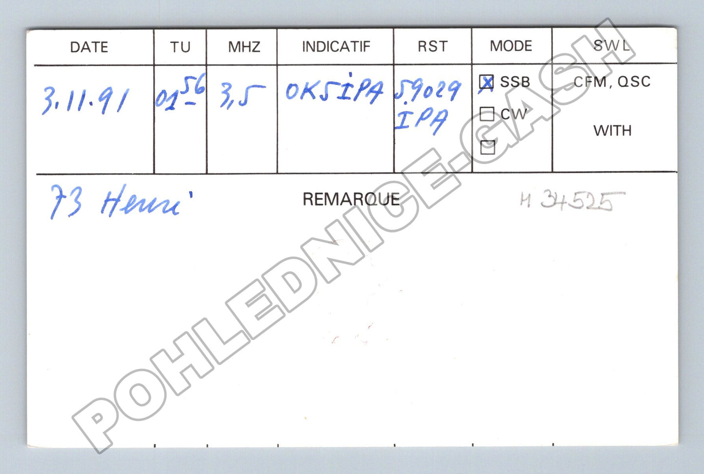 Pohlednice Francie QSL karta amatérské rádio 1991 (M34525)
