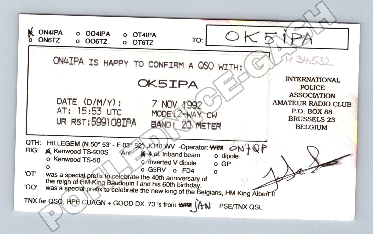 Belgie QSL karta International Police Association 1992 (M34532)