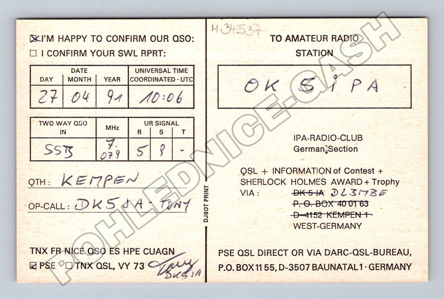 Pohlednice Německo IPA Radio Club QSL karta 1991 (M34537)