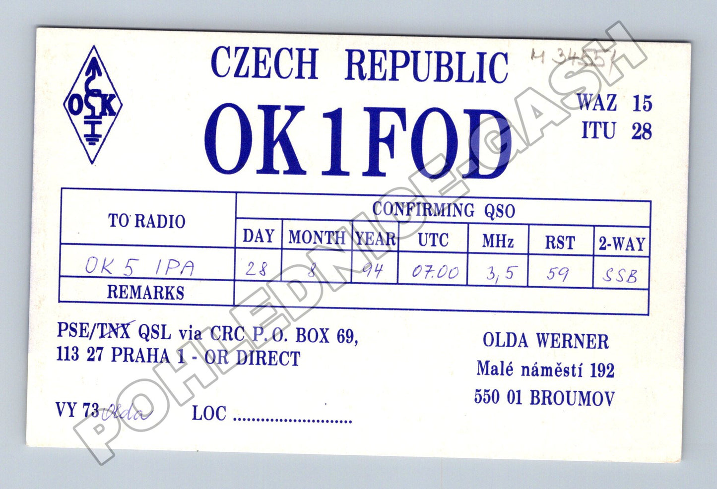 Pohlednice Broumov klášter QSL OK1FOD 1994 (M34551)
