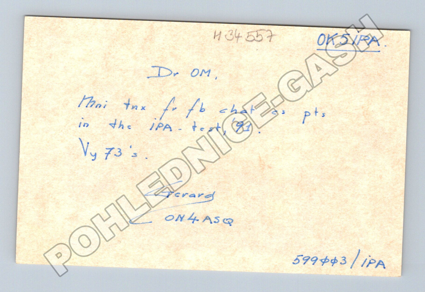 Pohlednice Belgie QSL karta amatérské rádio ON4ASQ 1991 (M34557)