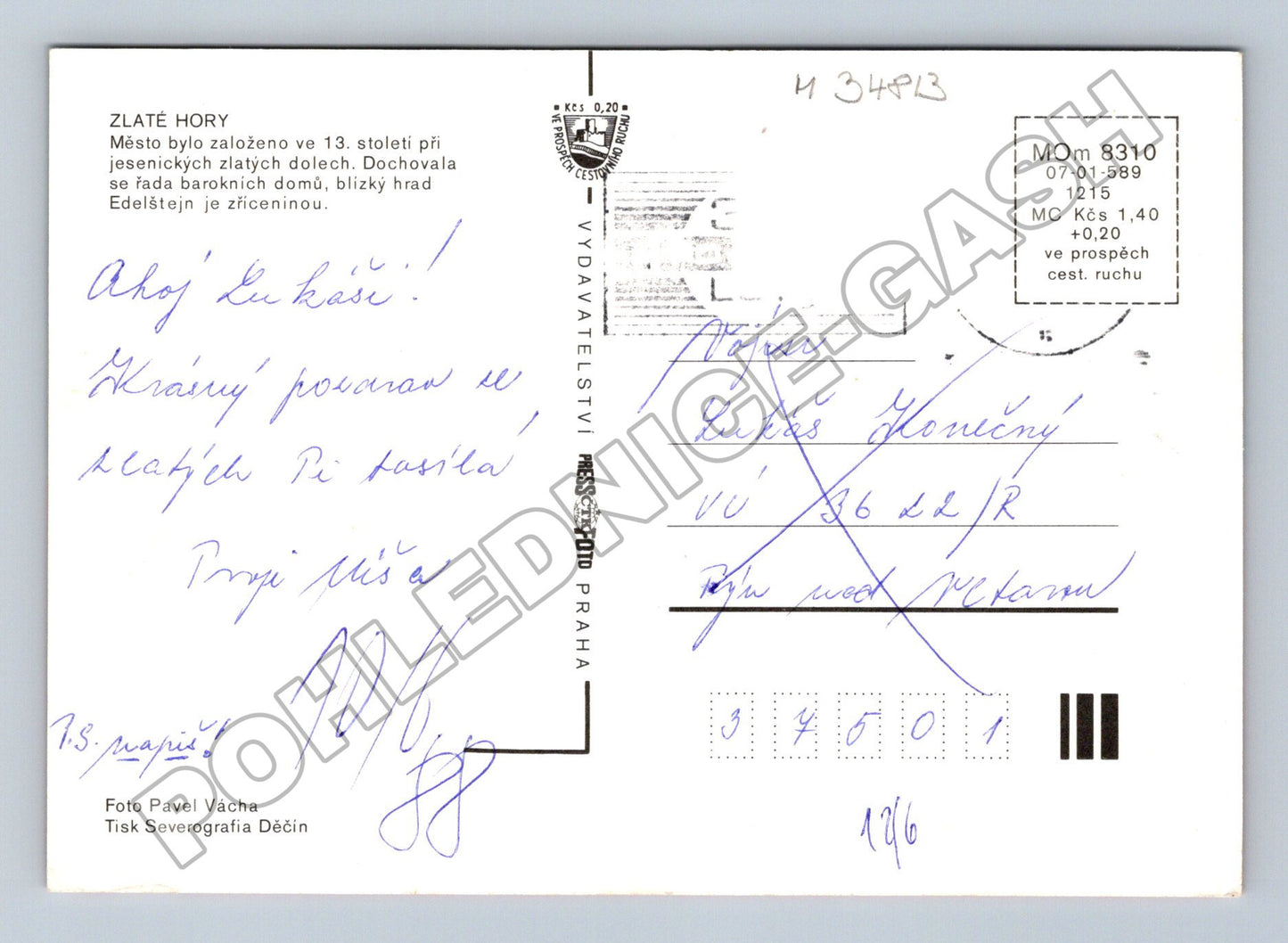 Pohlednice Zlaté Hory ulice, zřícenina, celkový pohled 198x (M34813)