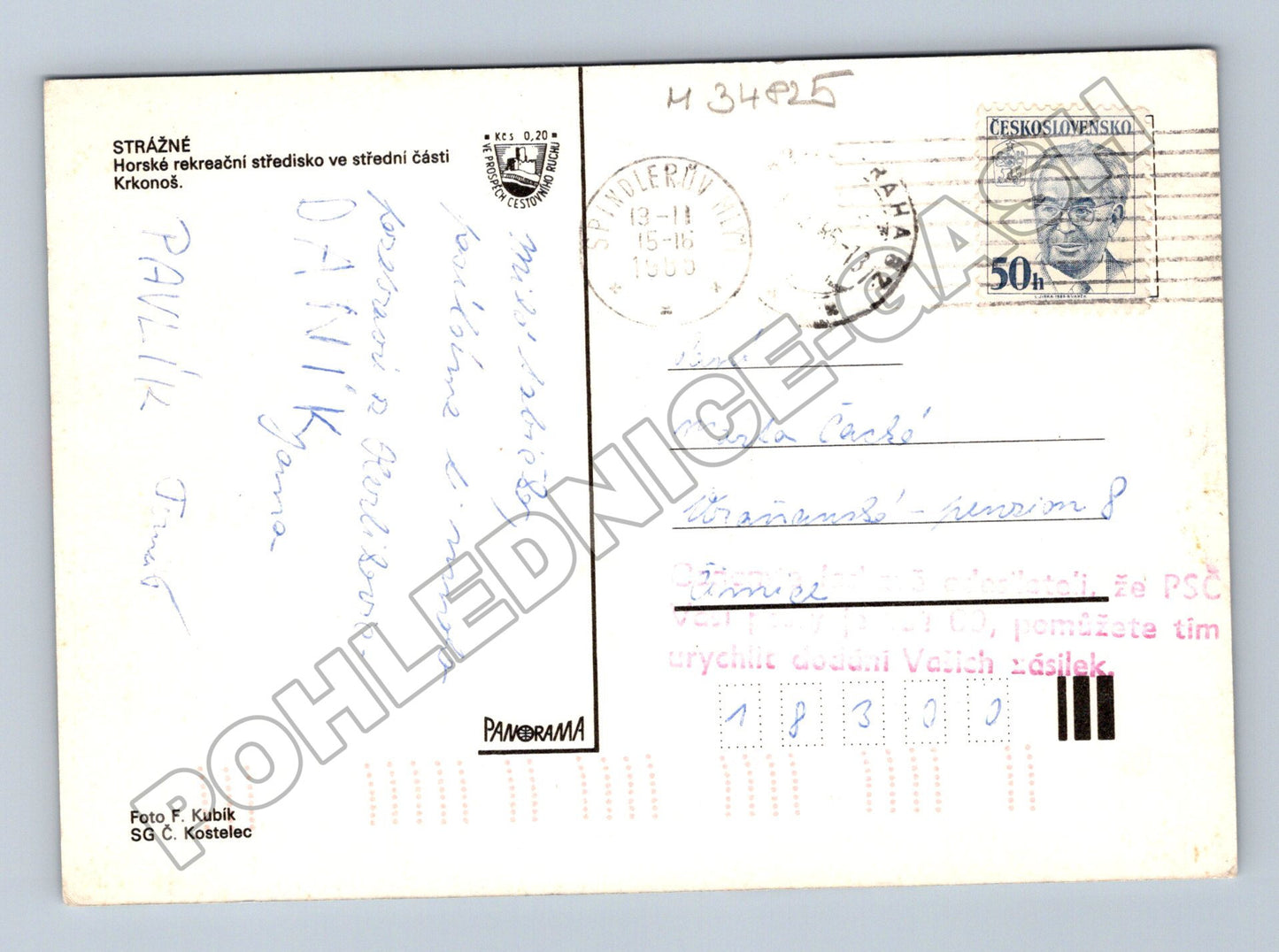 Pohlednice Strážné Krkonoše zimní motiv 1989 (M34825)