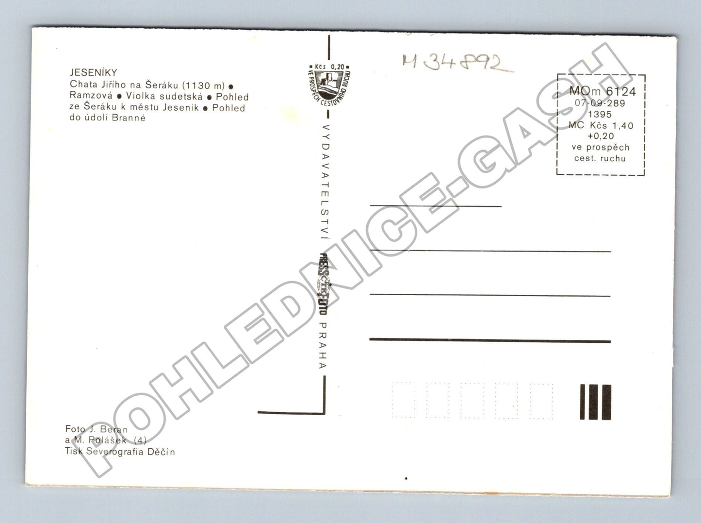 Pohlednice Jeseníky Šerák Ramzová 1989 (M34892)