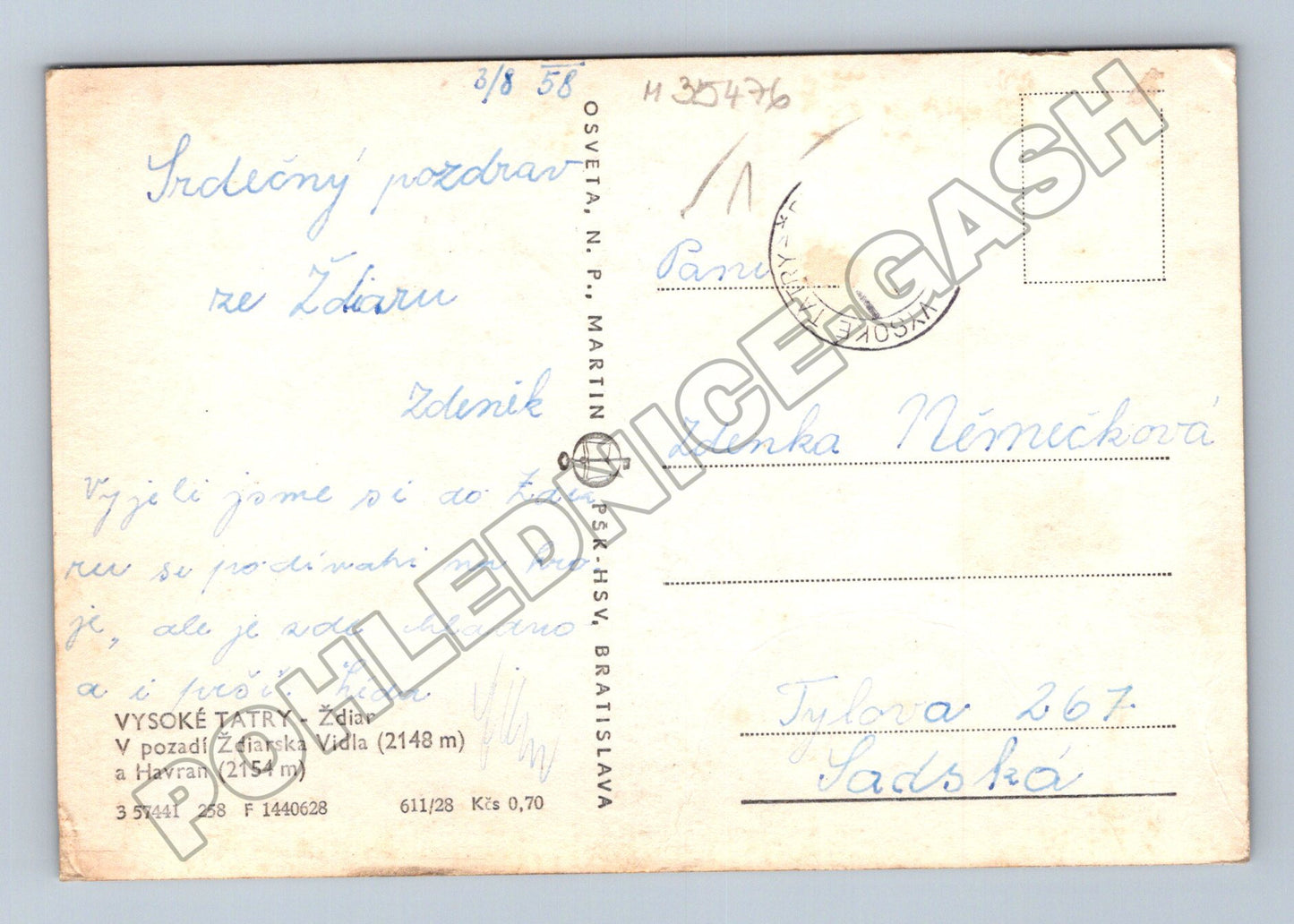 Pohlednice Slovensko Vysoké Tatry Ždiar 1958 (M35476)