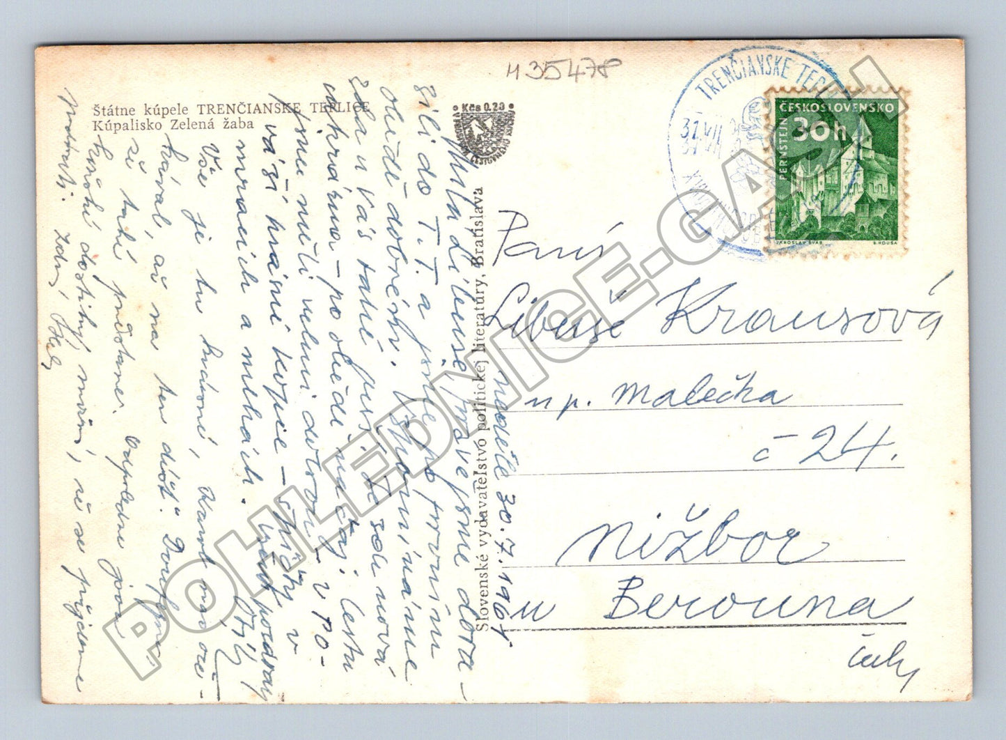 Pohlednice Slovensko Trenčianske Teplice Zelená Žaba 1947 (M35478)