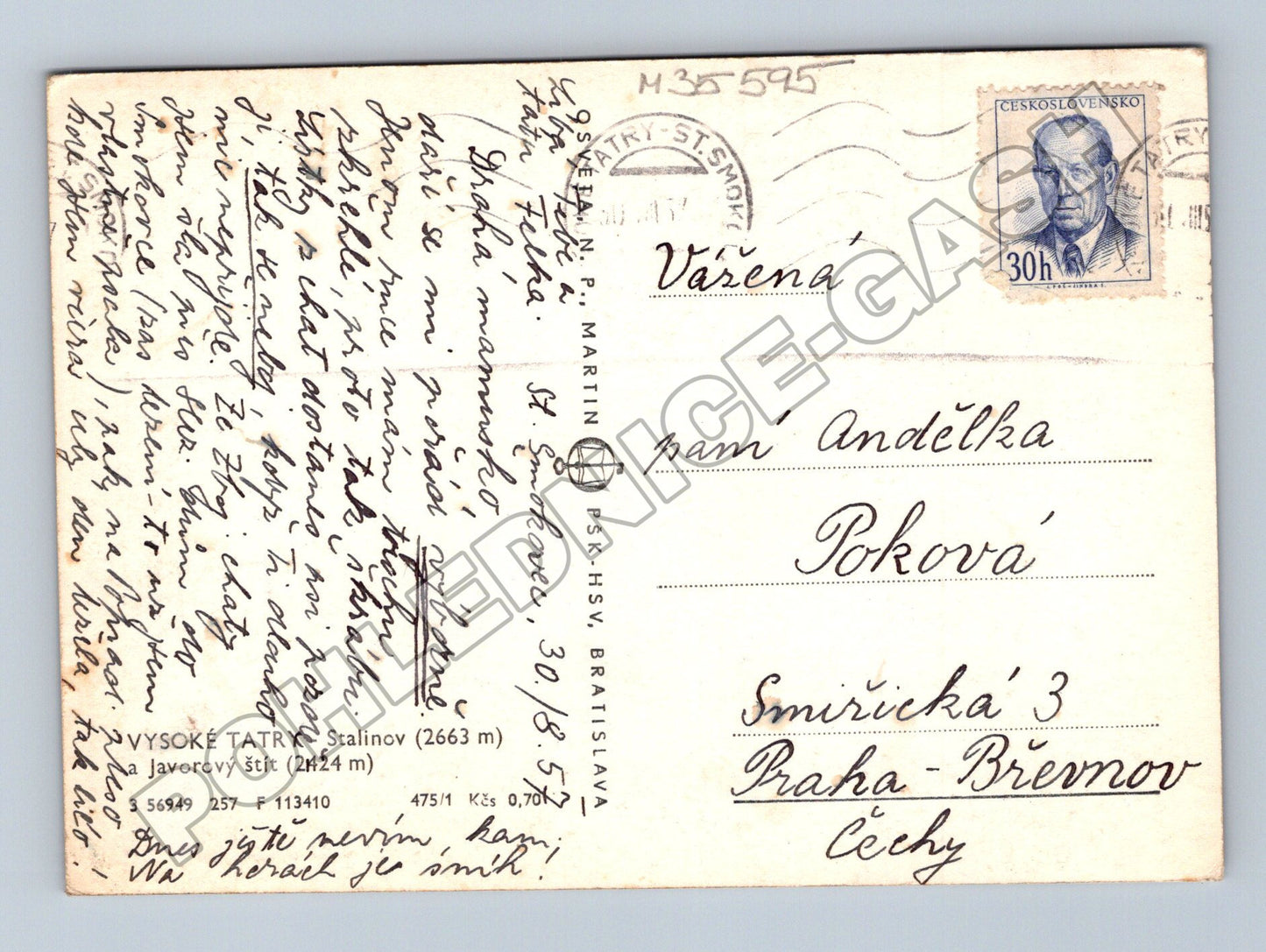 Pohlednice Slovensko Vysoké Tatry Stalinov štít 1957 (M35595)