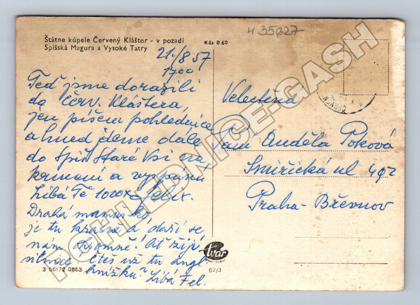 Pohlednice Slovensko Červený Kláštor Vysoké Tatry 1957 (M35627)