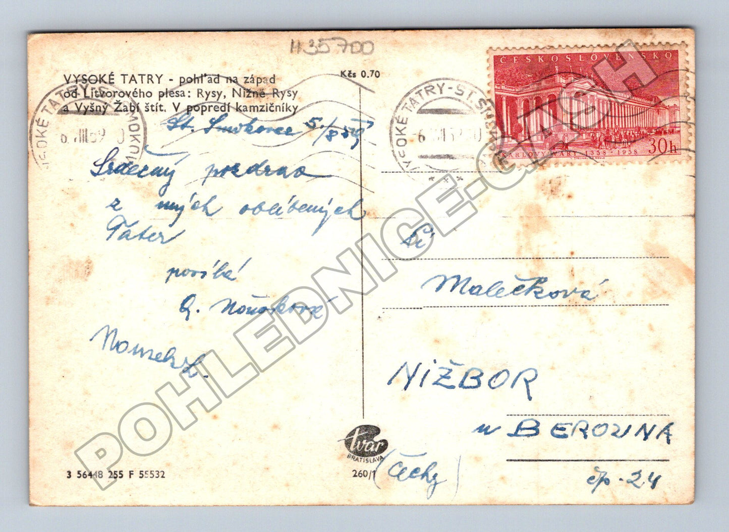 Pohlednice Slovensko Vysoké Tatry Rysy 1959 (M35700)