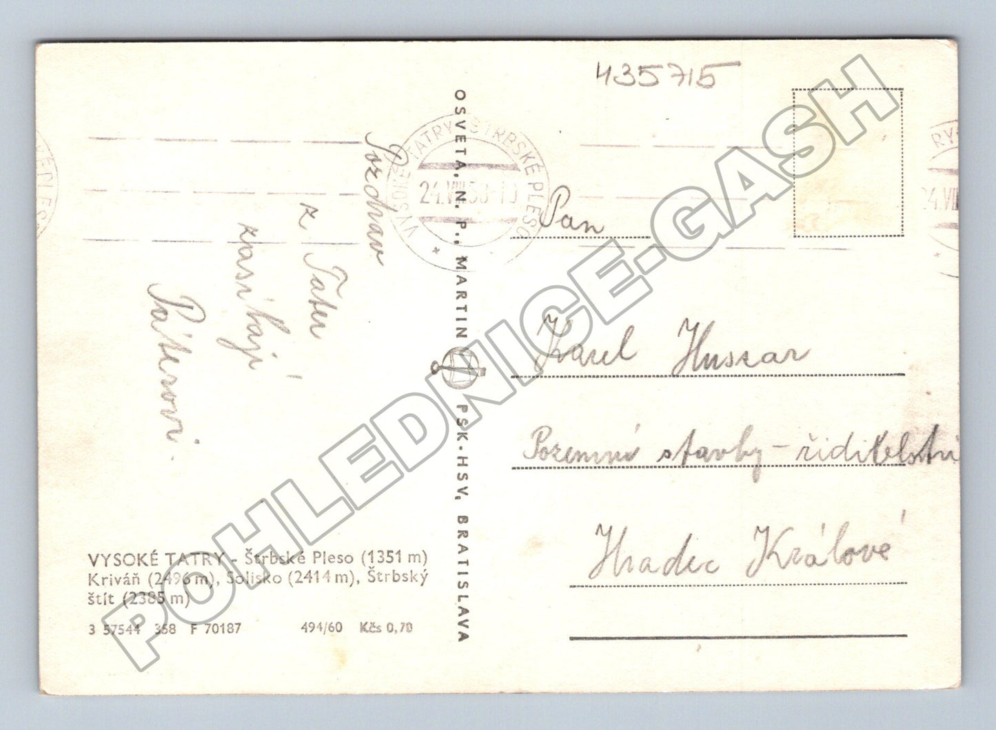 Pohlednice Slovensko Štrbské Pleso horský hotel 1953 (M35715)