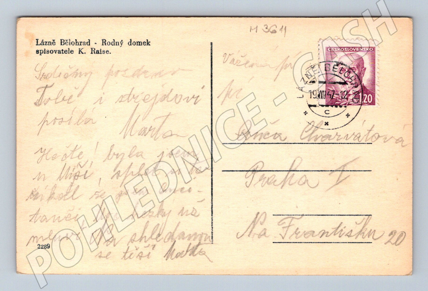 Pohlednice rodný domek K Raise 1947 (M3611)