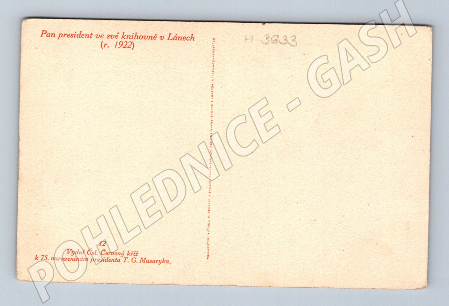 Pohlednice Masaryk v knihovně Lány 1922 (M3633)