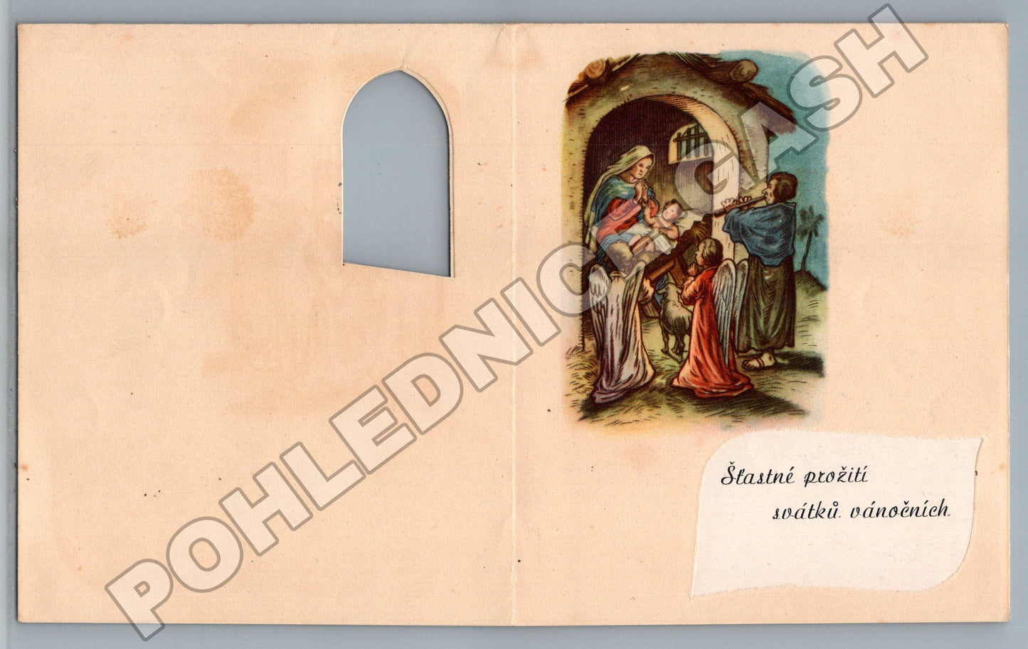 Pohlednice Vánoce děti u okna, betlém (M36379)