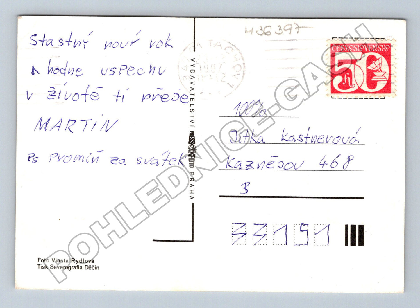 Pohlednice Nový rok sklenice svíčky 1987 (M36397)