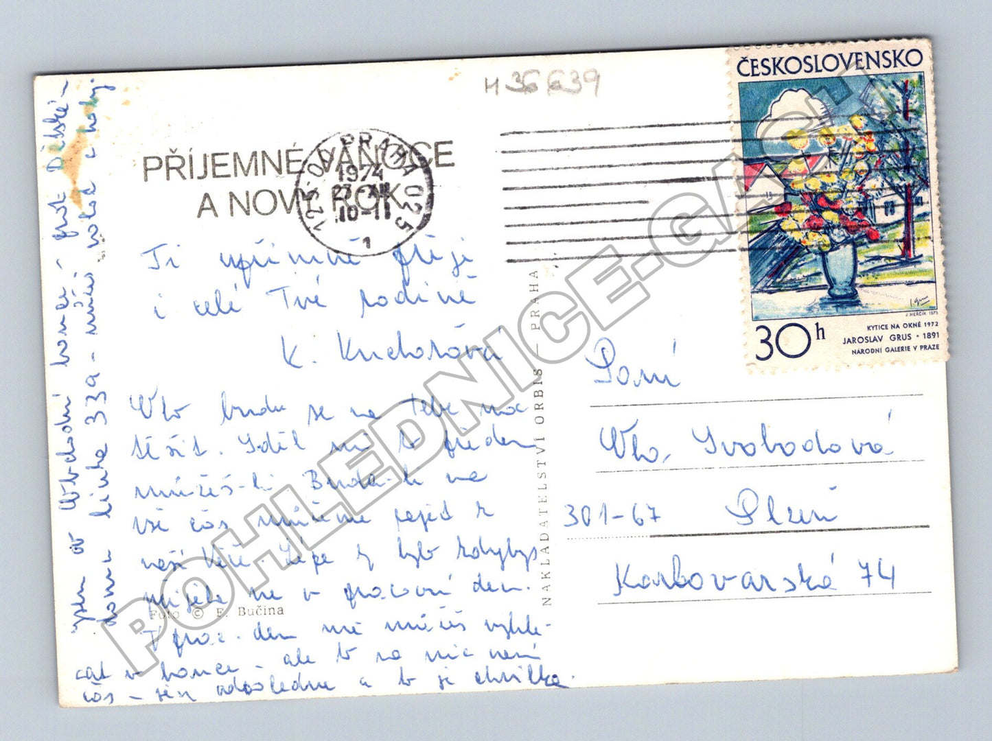 Pohlednice Jmelí vánoční motiv 1974 (M36639)