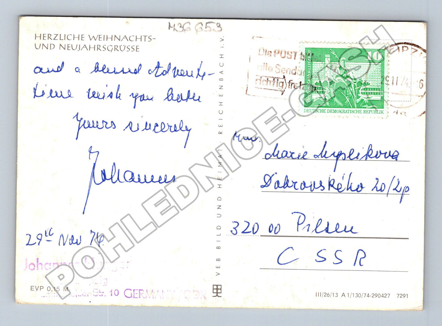 Pohlednice Německo vánoční figurka ozdoby 1974 (M36653)