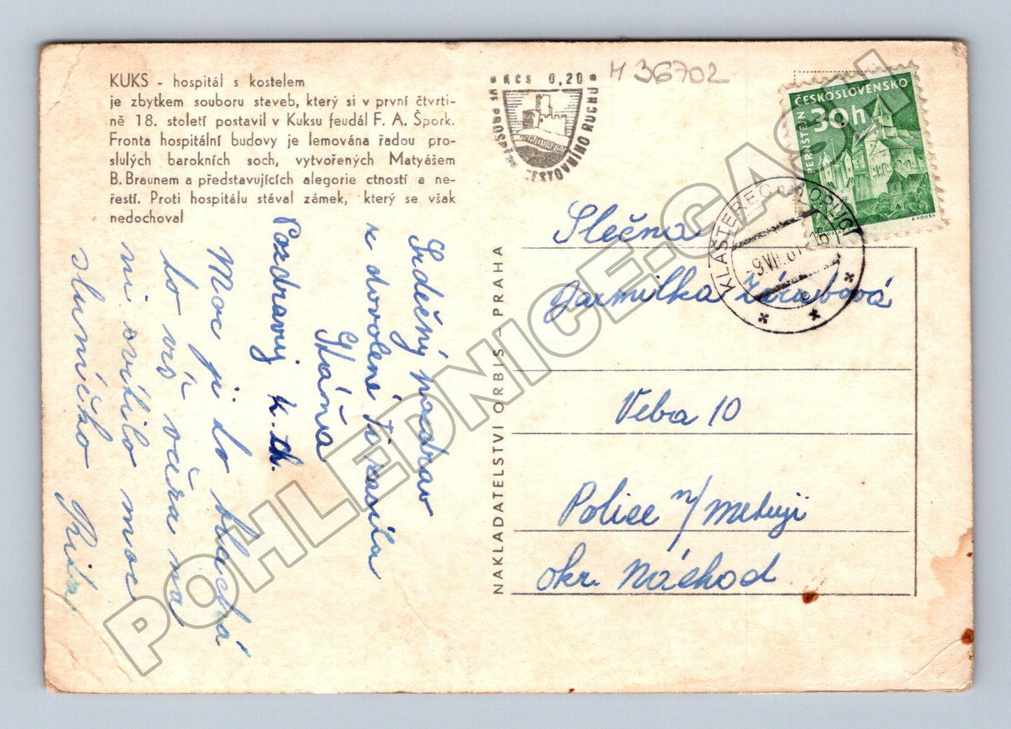 Pohlednice Kuks hospitál s kostelem 1954 (M36702)
