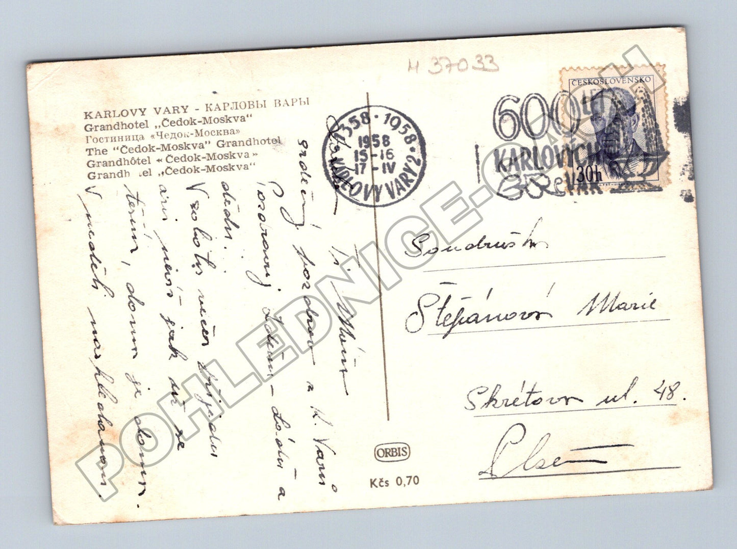 Pohlednice Karlovy Vary Grandhotel Cedok-Moskva 1958 (M37033)