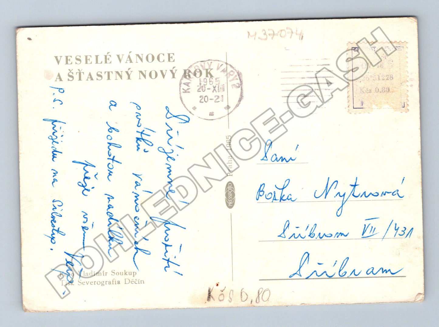 Pohlednice zasněžené horské chaty Vánoce 1965 (M37074)