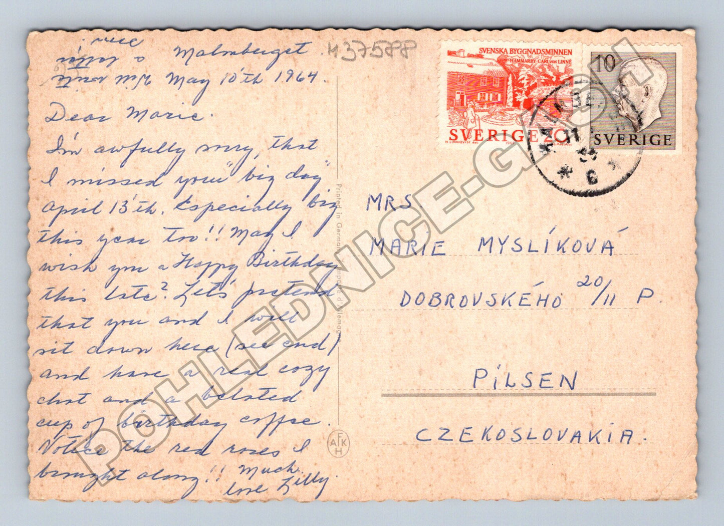 Pohlednice Švédsko interiér s květinami 1964 (M37588)