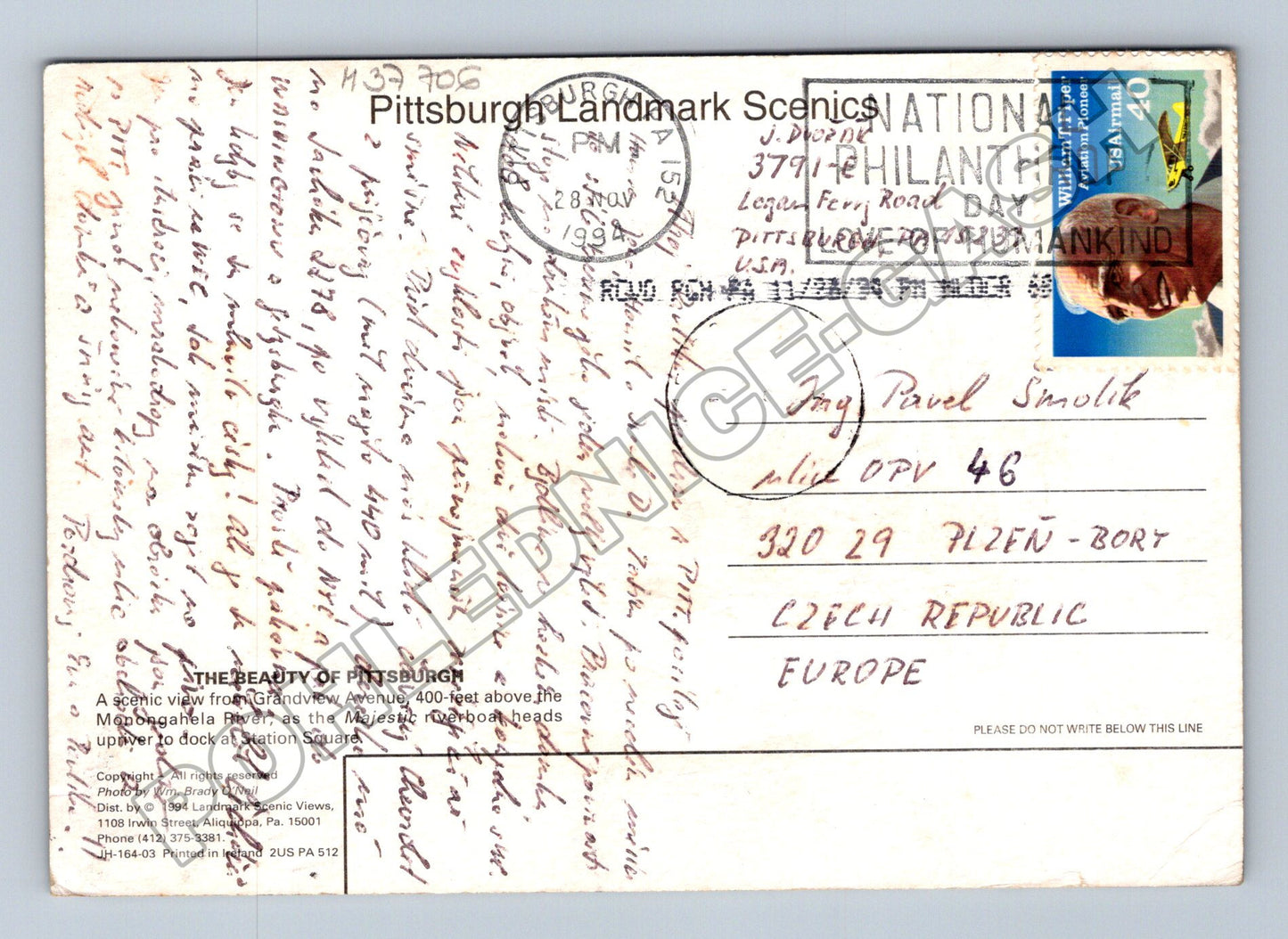 Pohlednice USA Pittsburgh panorama s lodí 1994 (M37706)