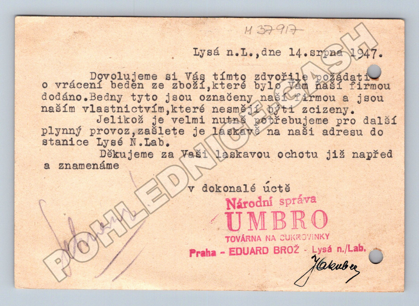 Pohlednice Lysá n.L. reklama Umbro cukrovinky 1947 (M37917)