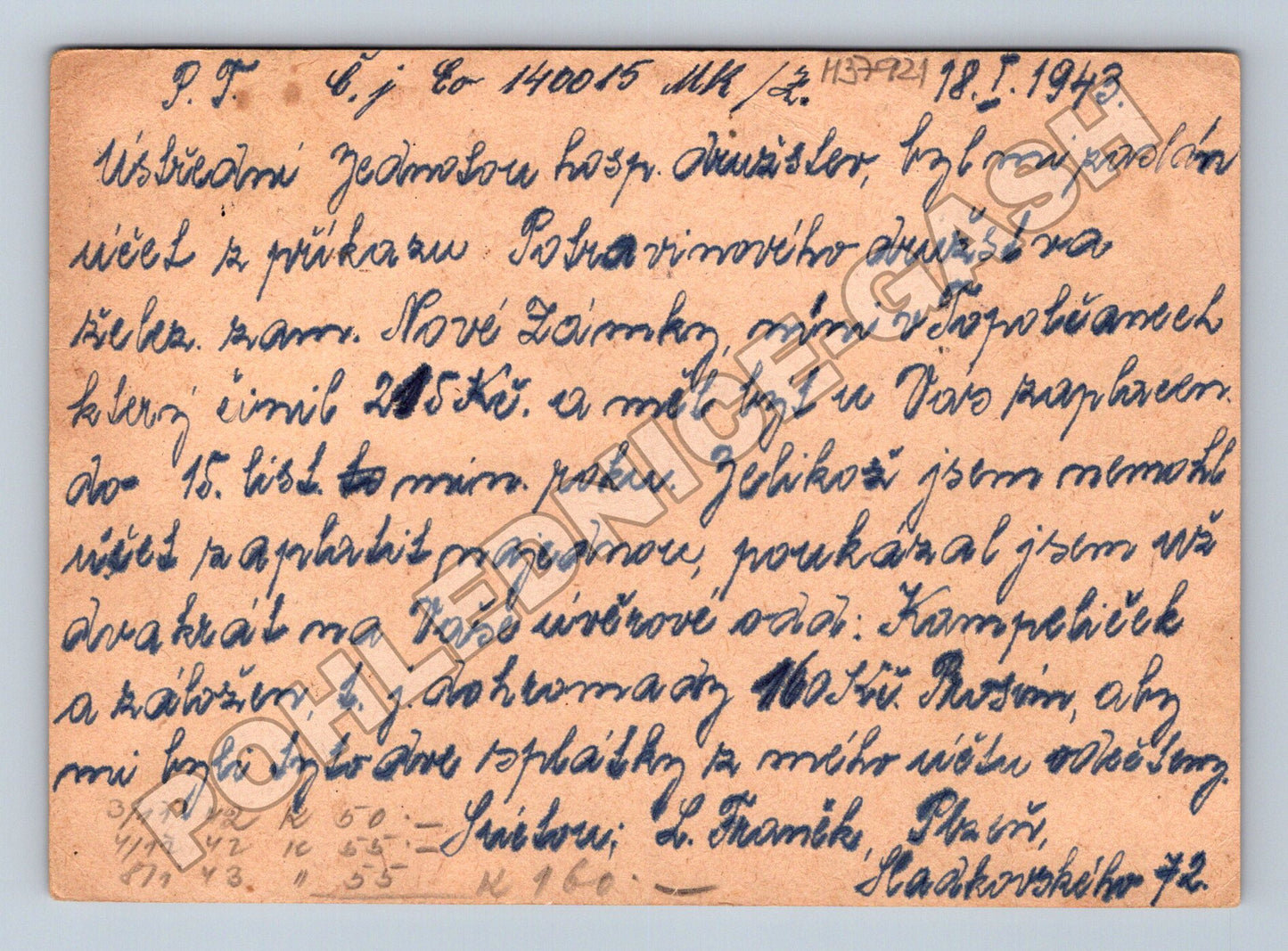 Pohlednice korešpondenční lístek Protektorát 1943 (M37921)