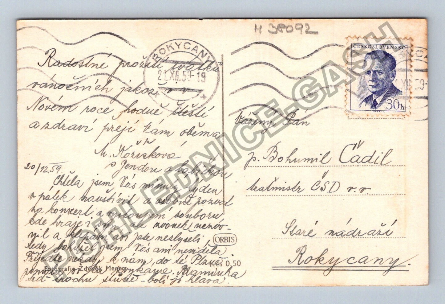 Pohlednice Rokycany Veselé vánoce sníh stromek 1959 (M38092)