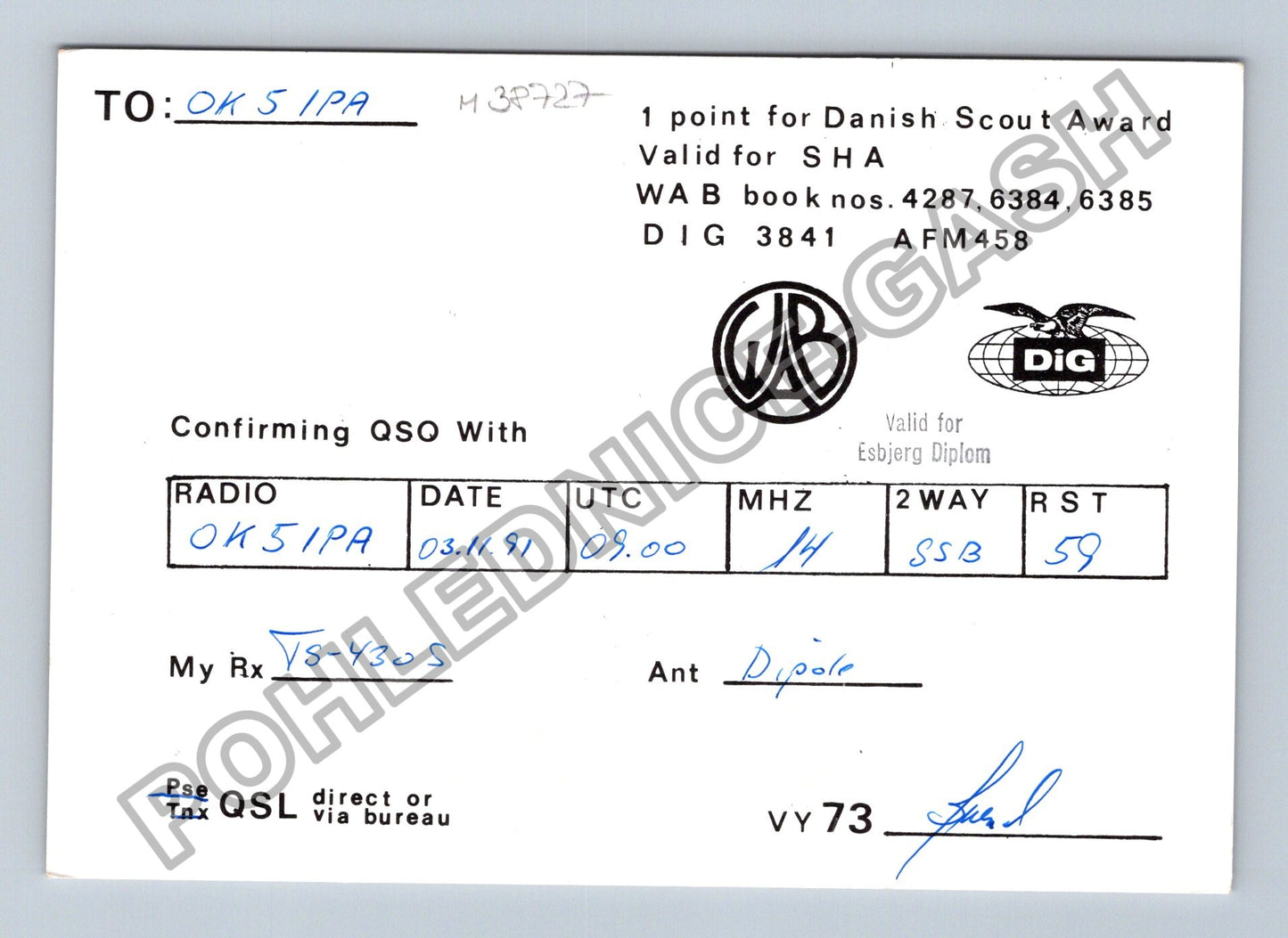 Starý Dánsko QSL karta radioamatérská stanice OZ1DYI (M38727)