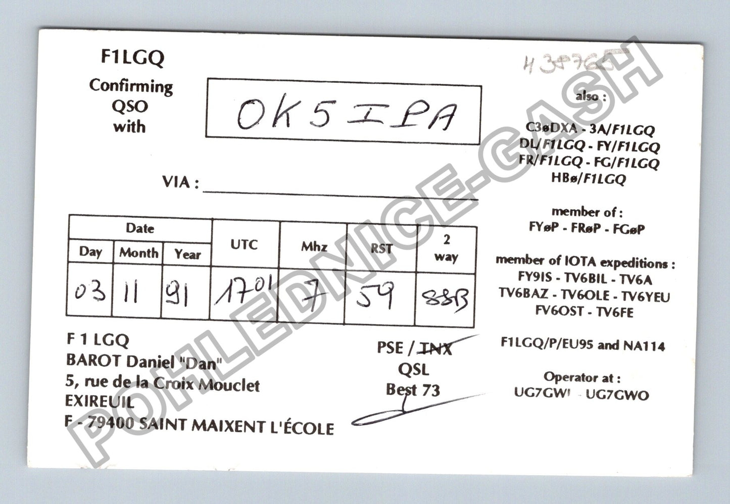 Starý Francie F1 LGQ radioamatérská QSL karta 1991 (M38765)