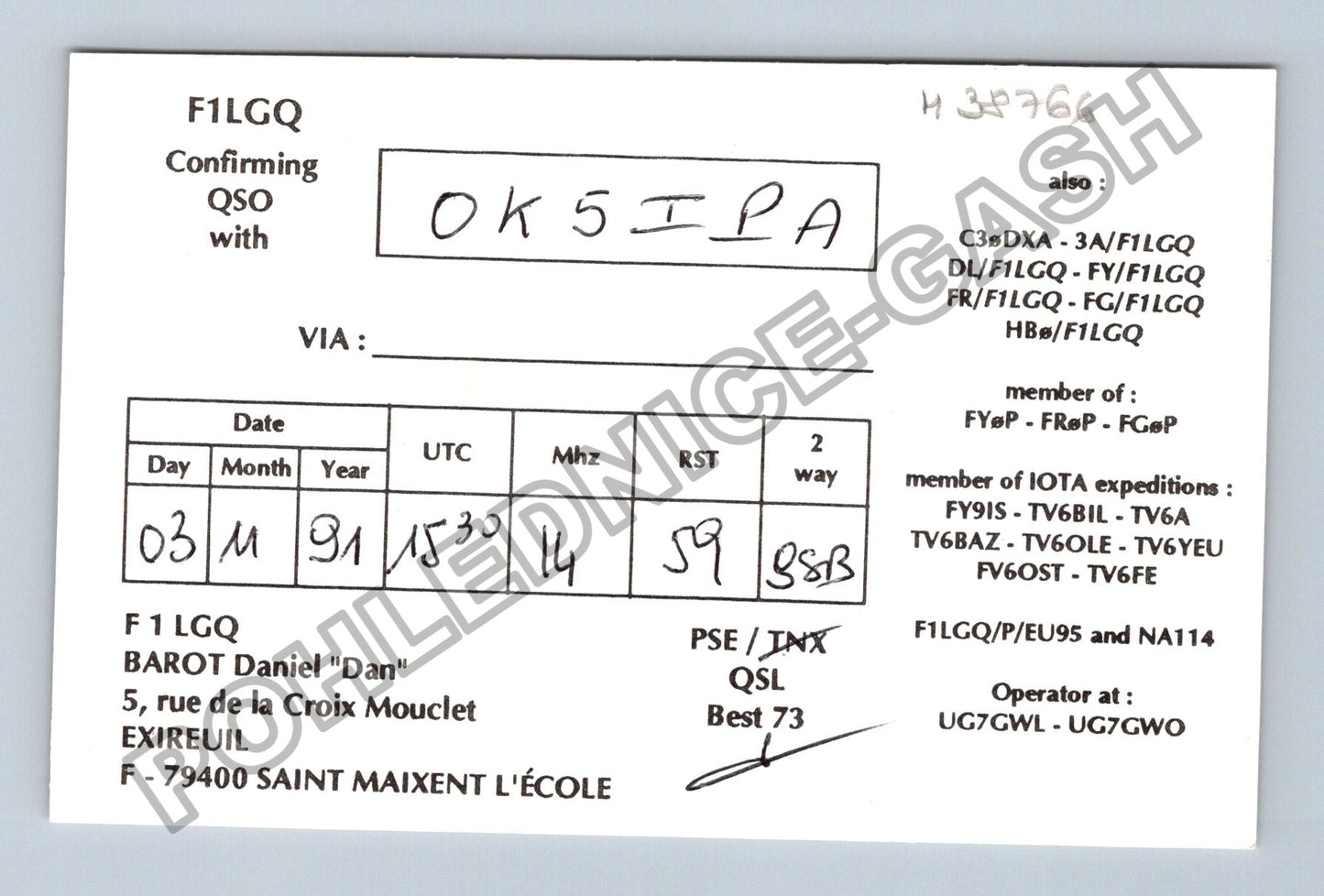 Starý Francie F1 LGQ radioamatérský QSL lístek 1991 (M38766)