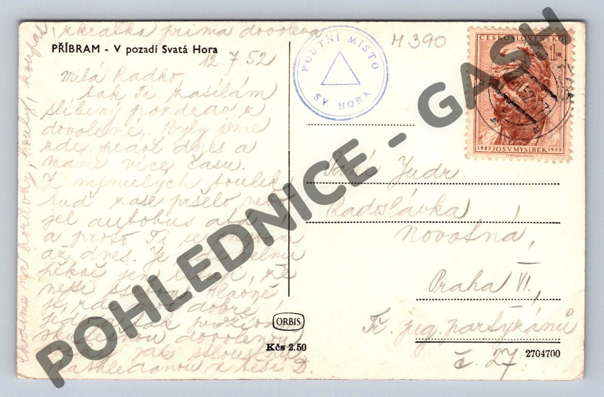 Pohlednice Příbram Svatá Hora 1952 (M390)