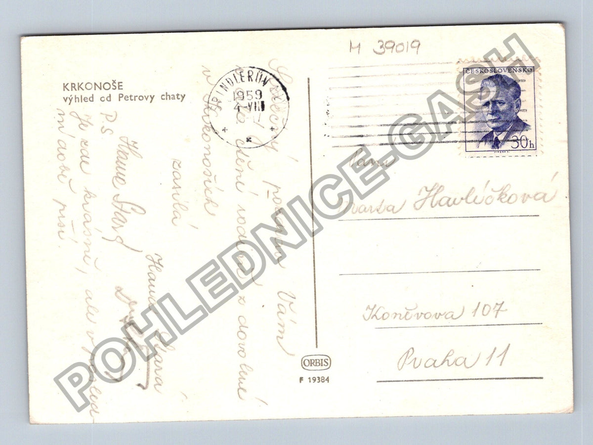 Pohlednice Krkonoše výhled od Petrovy chaty 1959 (M39019)