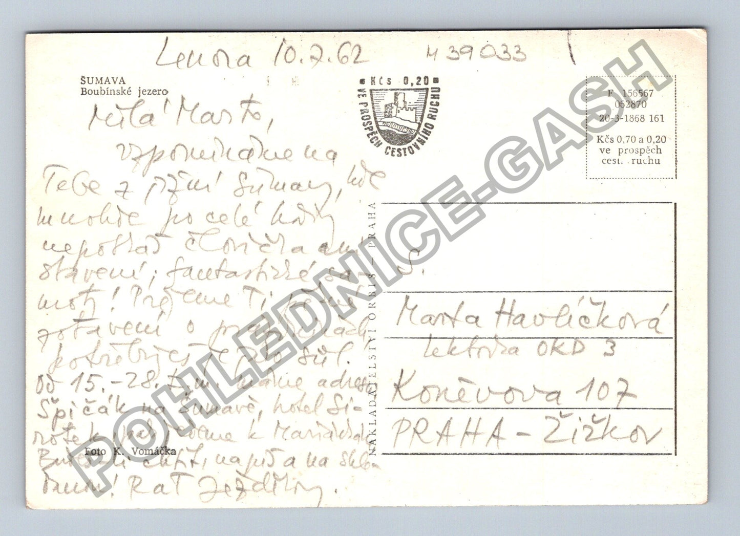 Pohlednice Šumava Boubínské jezero 1962 (M39033)
