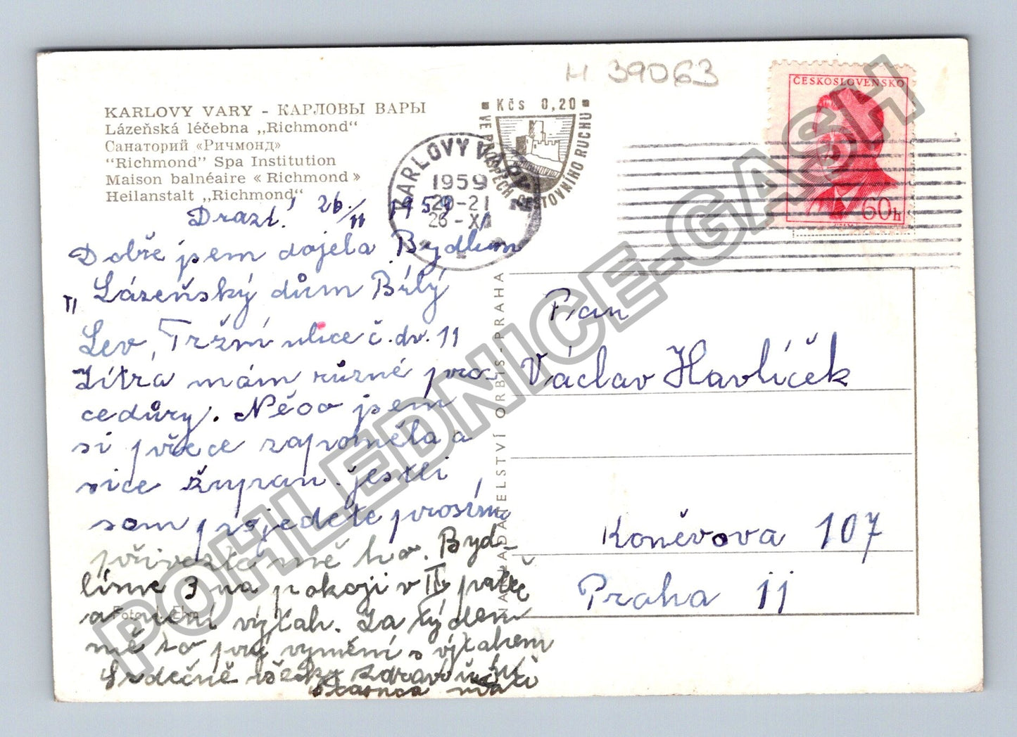 Pohlednice Karlovy Vary lázeňská léčebna Richmond 1959 (M39063)