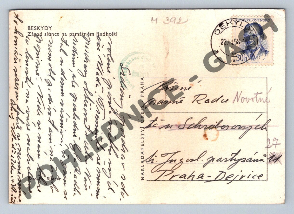 Pohlednice Beskydy západ slunce na Radhošti kaple 1958 (M392)