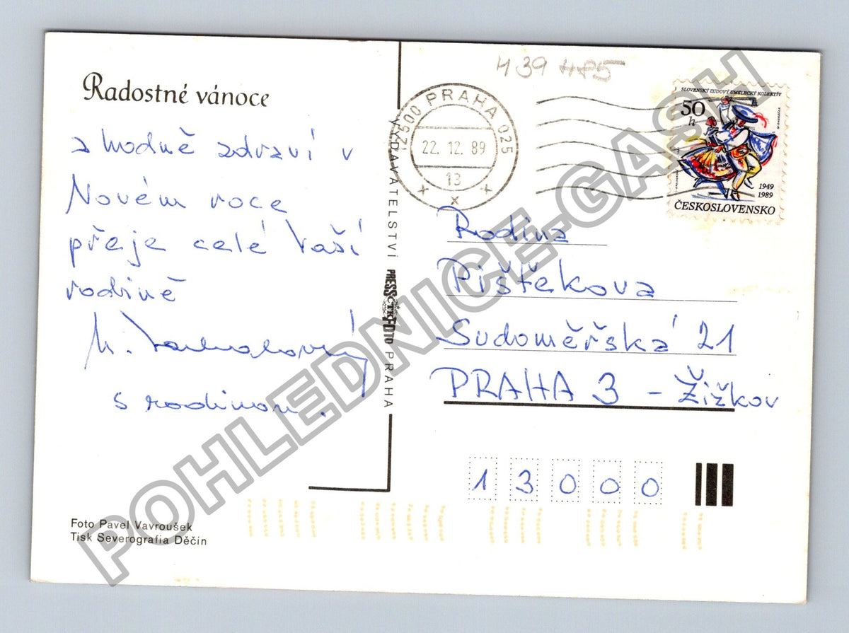 Pohlednice Vánoční kapr svíčka jehličí 1989 (M39485)