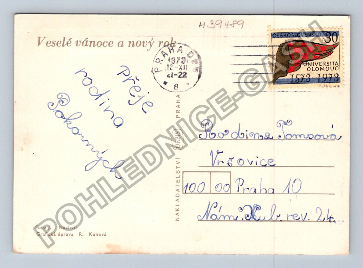 Pohlednice Vánoční motiv lesní roh jmelí ozdoby 1973 (M39489)