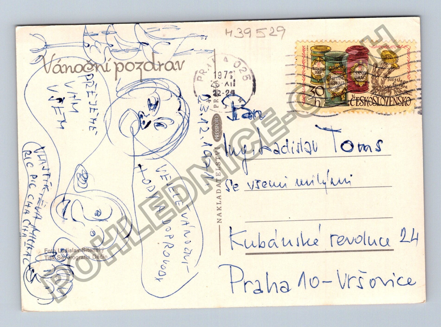 Pohlednice Vánoční motiv prskavka jmelí svíčka 1975 (M39529)