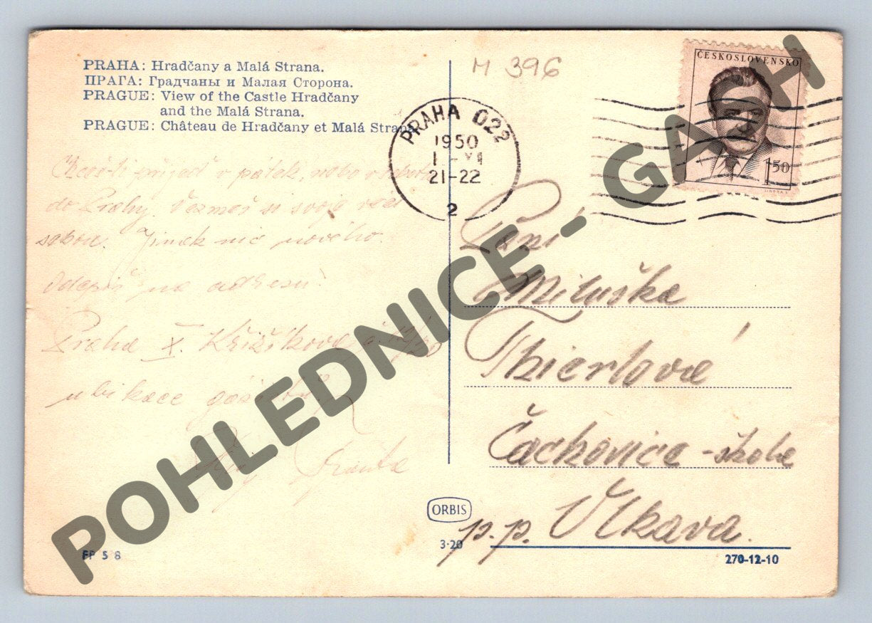 Pohlednice Praha Hradčany Malá Strana 1950 prošlá (M396)