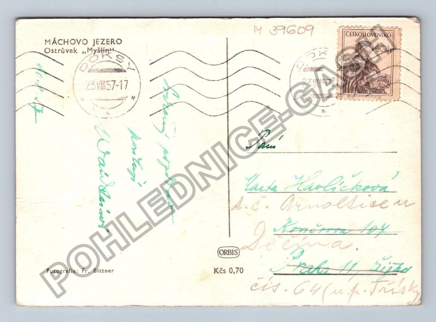 Pohlednice Máchovo jezero Ostrůvek Myšlín plachetnice 1957 (M39609)